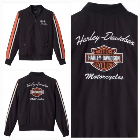 Chaqueta bomber Harley Davidson de satén mate a rayas con manga icónica para mujer