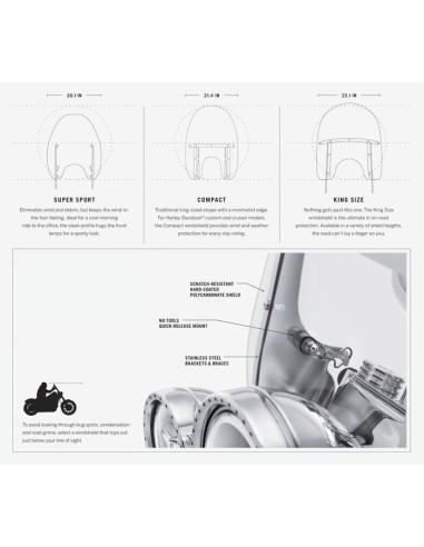 DETACHABLE KING-SIZE H-D WINDSHIELD FOR FL SOFTAIL MODELS - 23". CLEAR, POLISHED UPRIGHTS