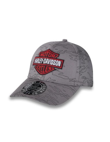 Gorra gris de baseball Harey-Davidson® con barra y escudo flameante ajustable