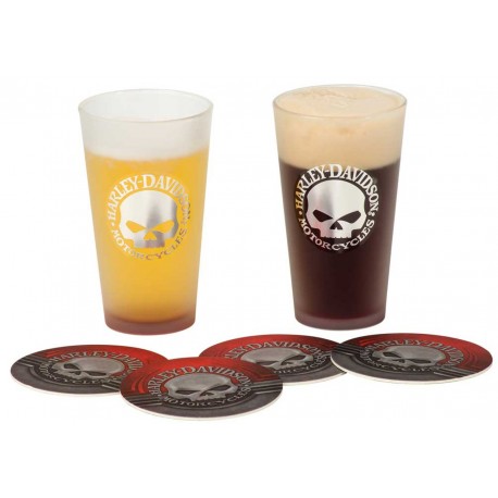 Juego de vasos de cerveza Harley Davidson y posavasos con el logotipo de la calavera Willie G de Harley-Davidson® metalizado