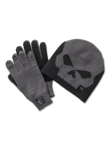 Conjunto Harley Davidson de regalo de gorro y guantes con calavera de Willie G - gris