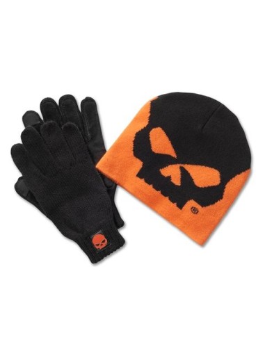 Conjunto de regalo Harley Davidson de gorro y guantes con calavera de Willie G - naranja