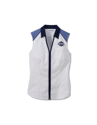 97519-23VW Camisa Harley Davidson Liberty sin mangas con cremallera frontal para mujer - Estilo Colorblock - Blanco brillante