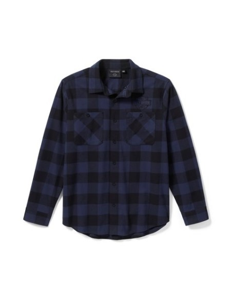 Camisa de franela a cuadros Bar Harley Davidson & Shield Buffalo Check para hombre – Mood Indigo/Harley Black