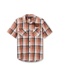 Camisa a cuadros Bar Harley Davidson & Shield vintage naranja y marrón ámbar
