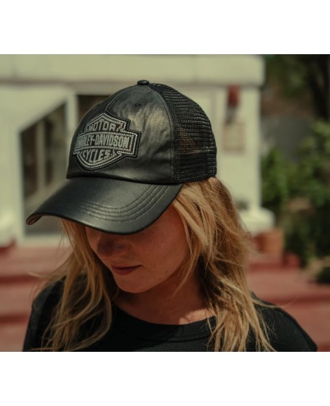 97707-25RW H-D Bling Bar & Shield Leather Trucker Cap