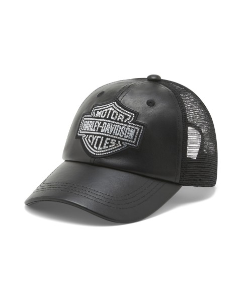 97707-25RW H-D Bling Bar & Shield Leather Trucker Cap